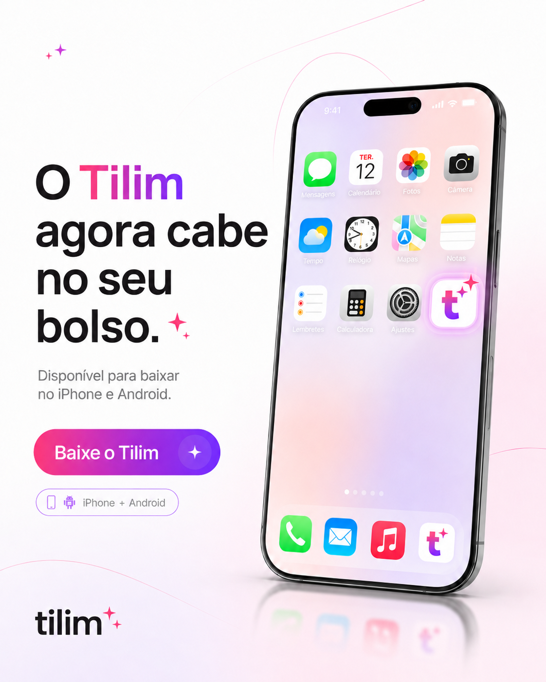 Celular mostrando o app Tilim na tela inicial, disponível para baixar no iPhone e Android