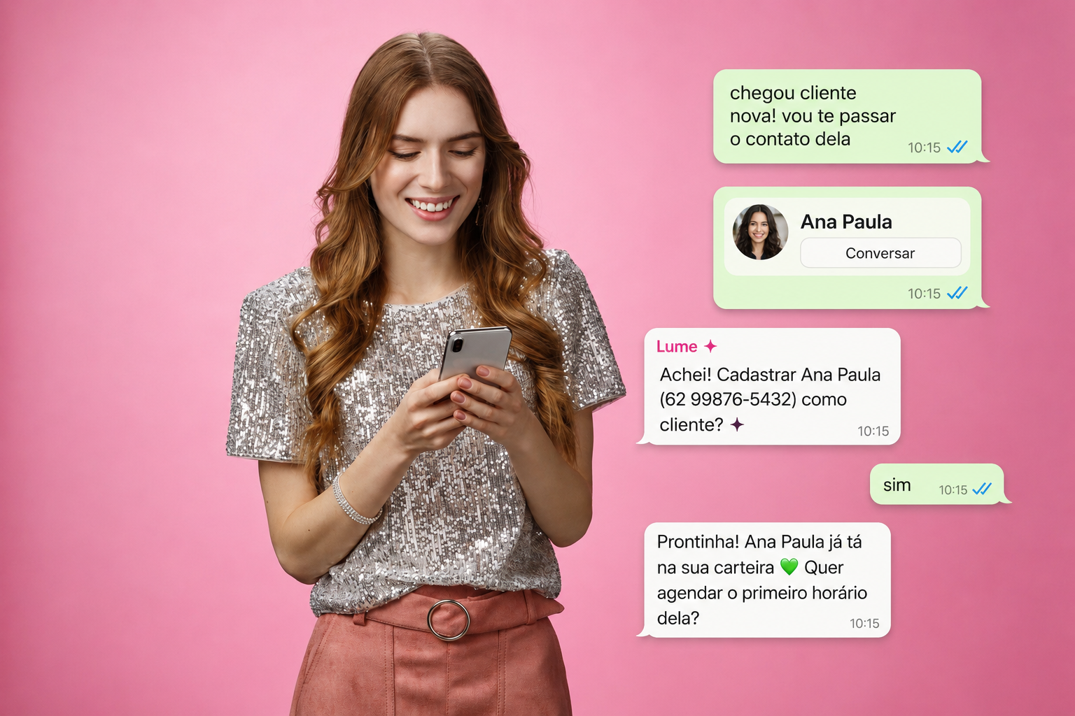 Empreendedora encaminhando o contato de uma cliente para a Lume cadastrar no WhatsApp