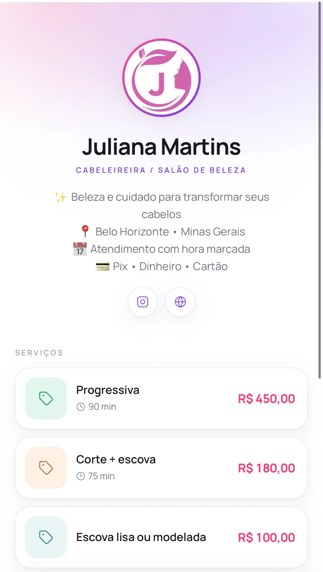 Página pública do Tilim de uma cabeleireira com lista de serviços, preços e botão de WhatsApp