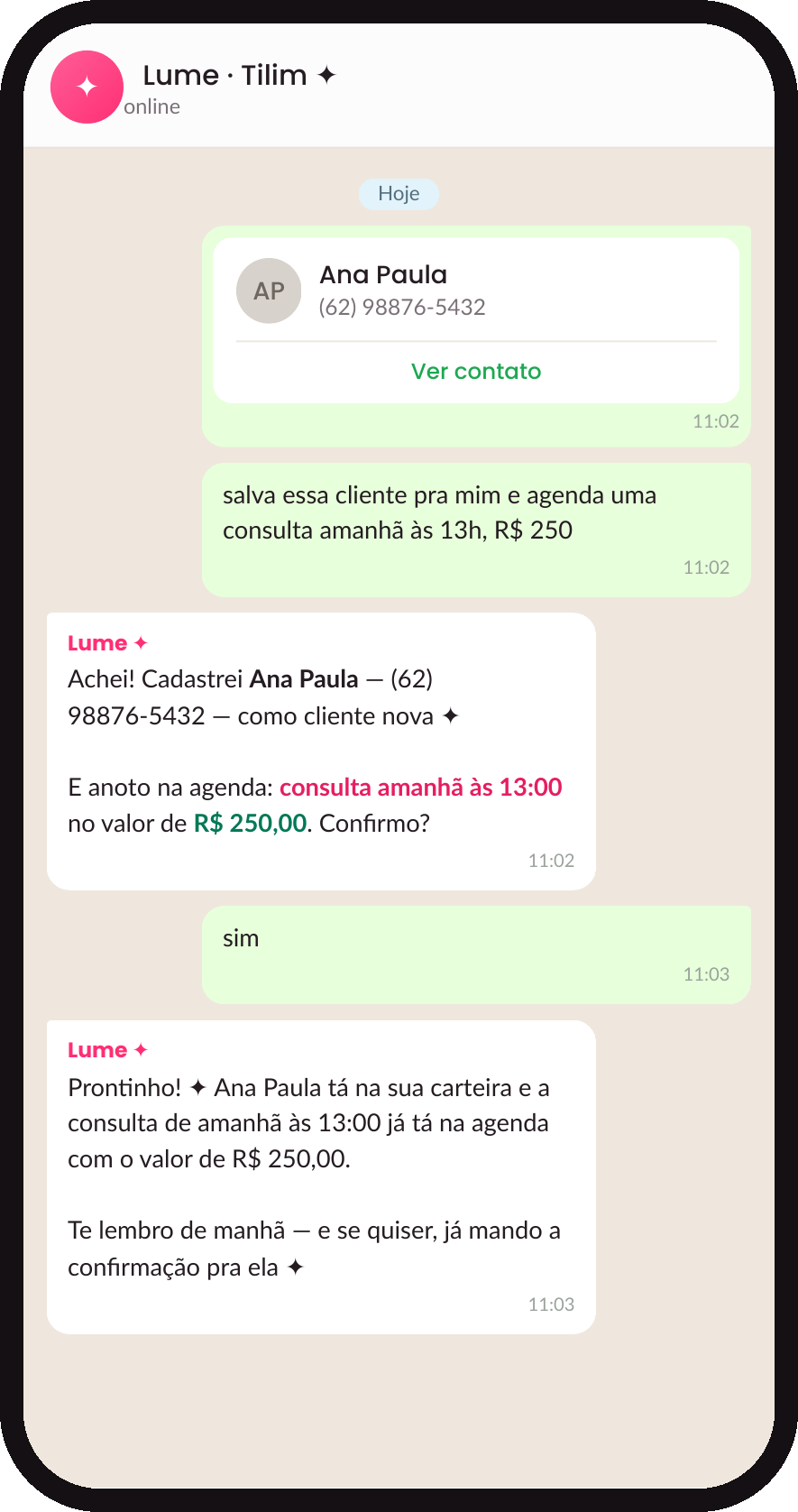 Lume no WhatsApp cadastrando o contato de uma cliente nova e agendando o atendimento