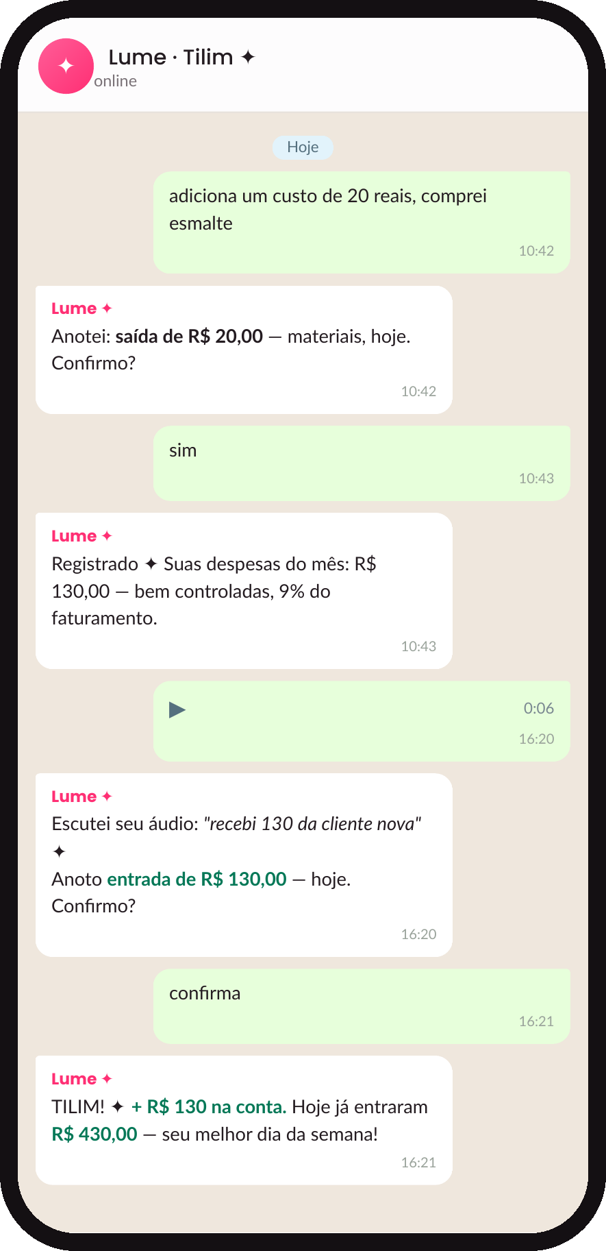 Lume registrando no WhatsApp um gasto de R$ 20 em materiais e uma entrada de R$ 130 por áudio