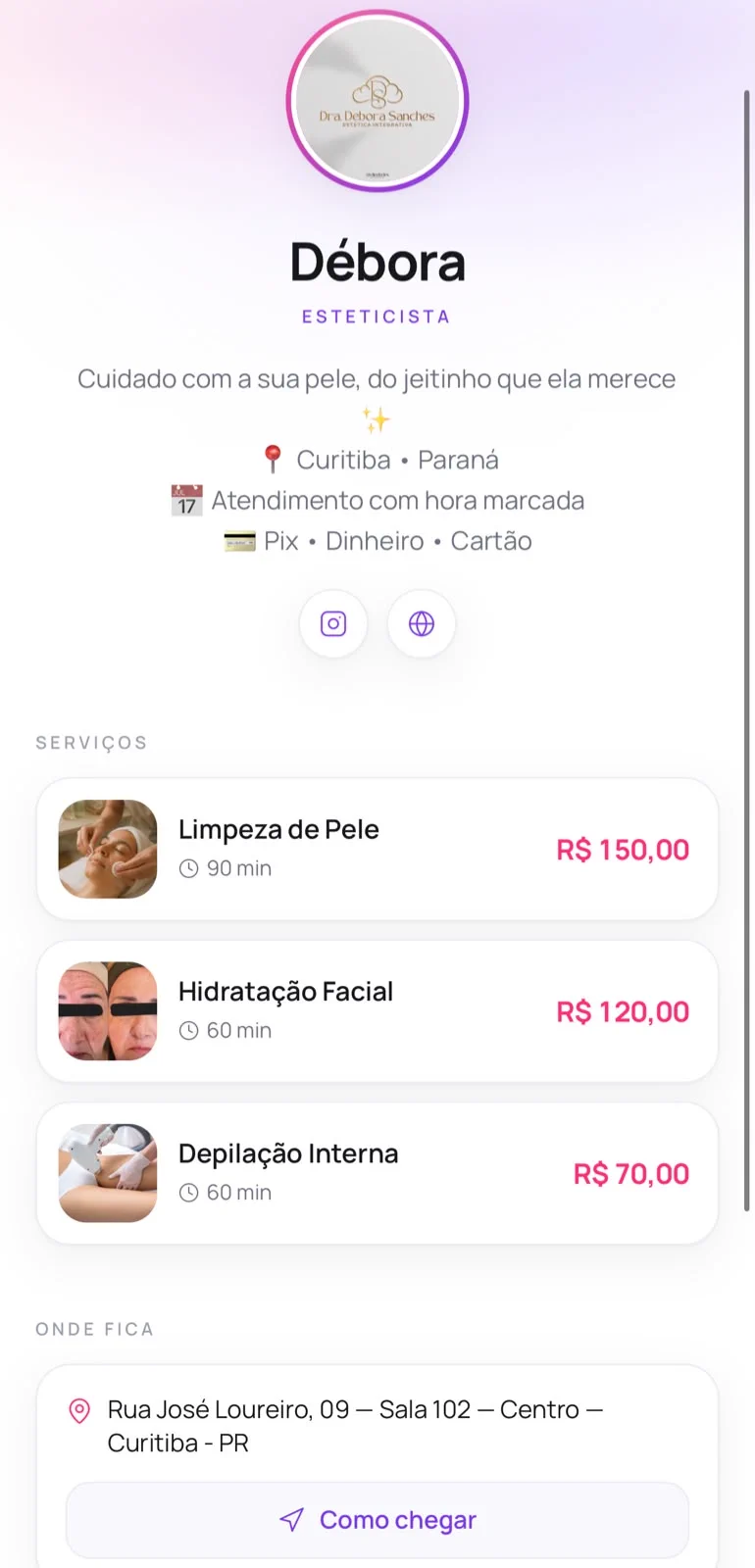 Página pública do Tilim de um studio de estética com serviços e botão para agendar pelo WhatsApp